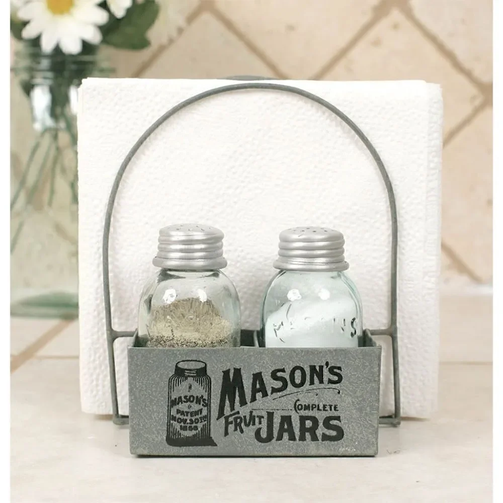 NEW! Farmhouse Mason Jars Box Salt Pepper and Napkin Caddy Holder Rustic Country